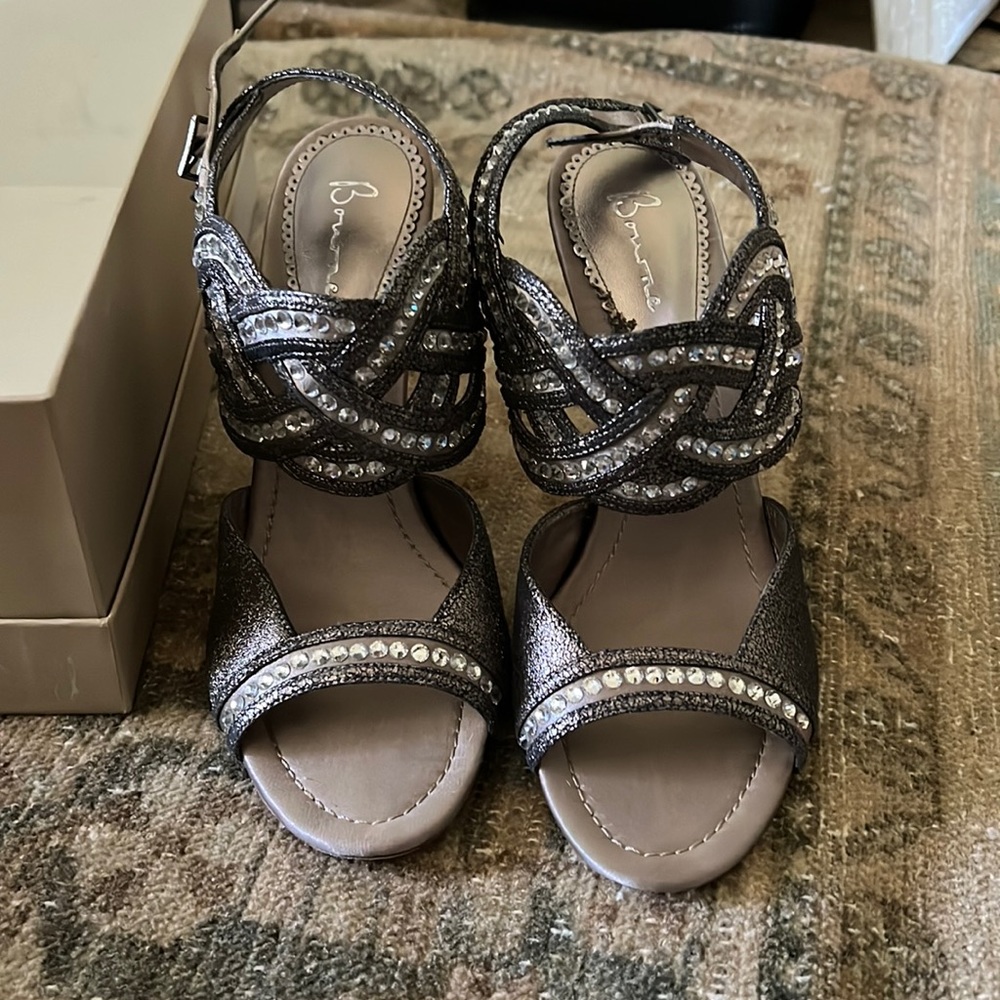 Bourne Tiffany pewter suede sparkly heels.
